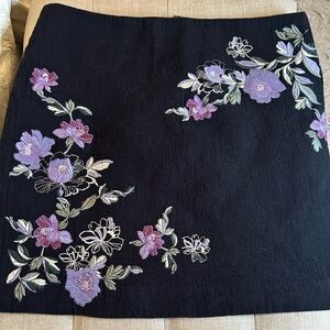 LOFT Black Skirt with Purple Floral Embroidery